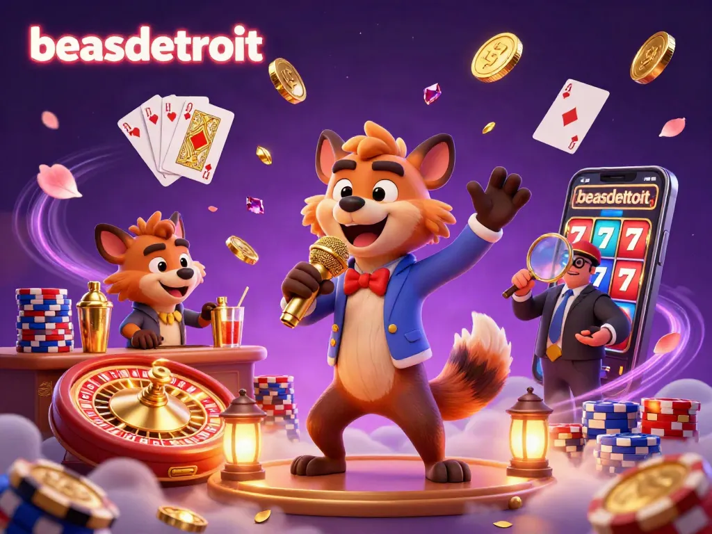 Experience laughter and excitement at beasdetroit's hyena-run comedy casino with golden coins and vibrant roulette.