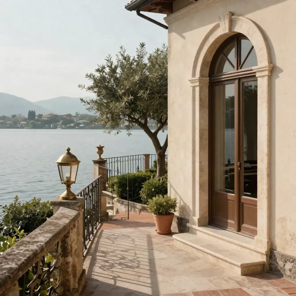 Terrazza di villa collinare con arco, scale nel giardino e balcone sul lago.