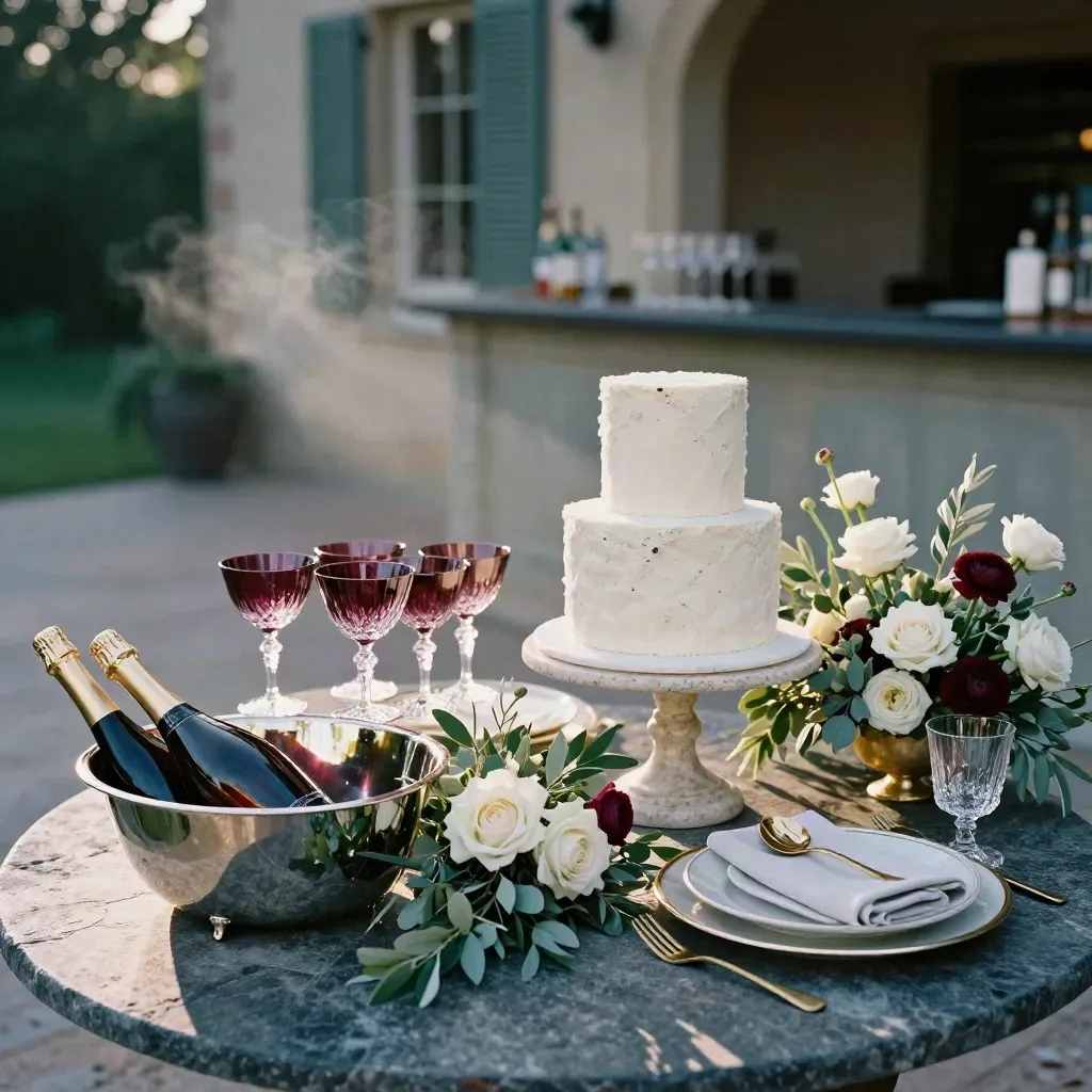 Allestimento nuziale elegante con champagne, torta, fiori e tavola in luce soffusa.