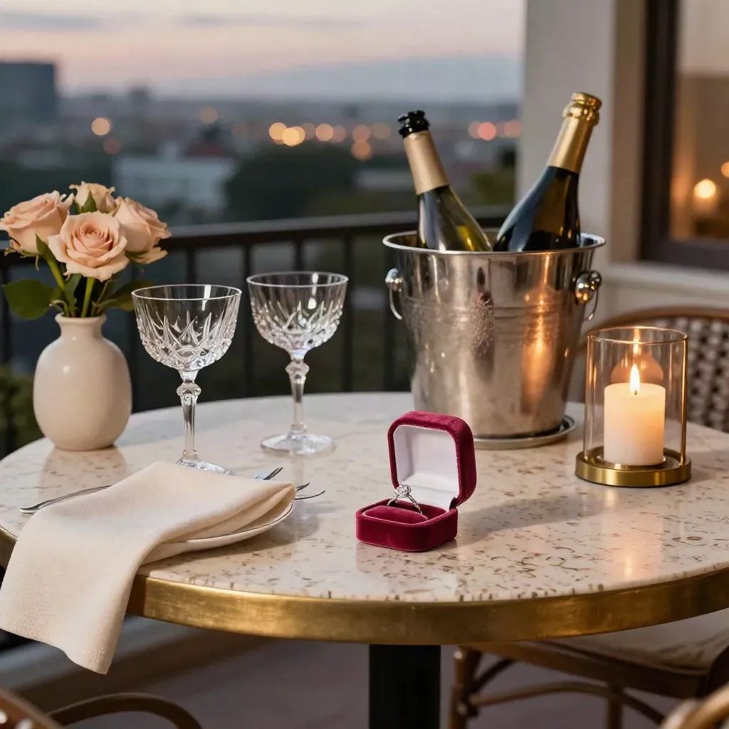 Tavolo romantico su terrazza al tramonto con anello, rose, candele e bottiglia ghiacciata.