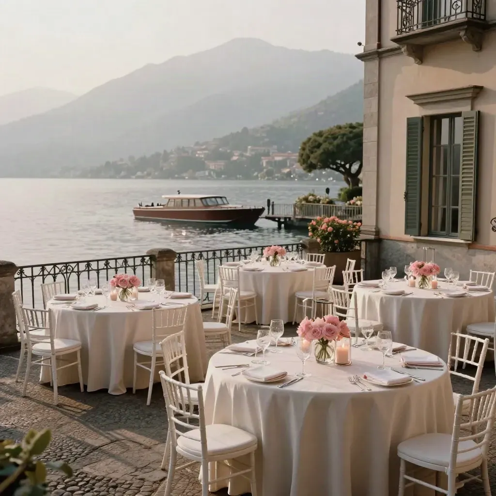 Terrazza sul Lago di Como pronta per le nozze, con fiori rosa cipria e tavoli illuminati.