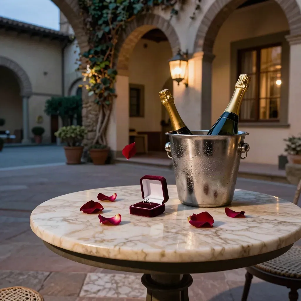 Corte fiorentina con anello, champagne, petali e lanterne al crepuscolo.