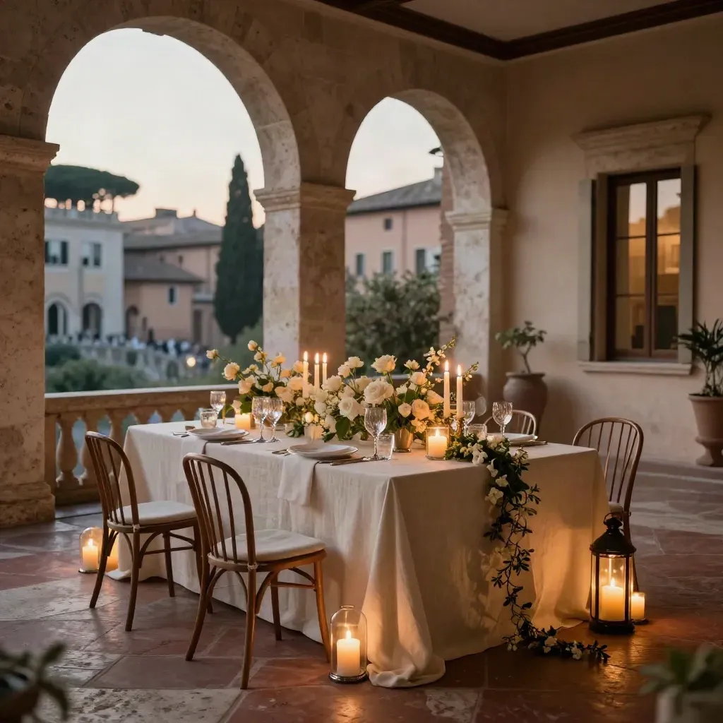 Terrazza romana con tavolo floreale pronto per una cena di anniversario, luci calde e archi in travertino.
