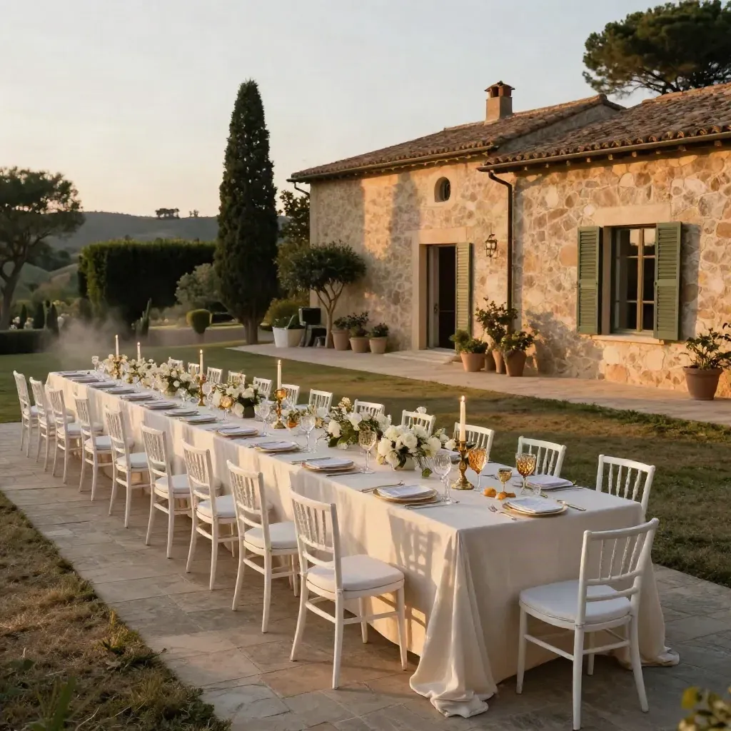 Villa toscana allestita per le nozze, tavolata lunga, sedie e pista da ballo tra i cipressi.
