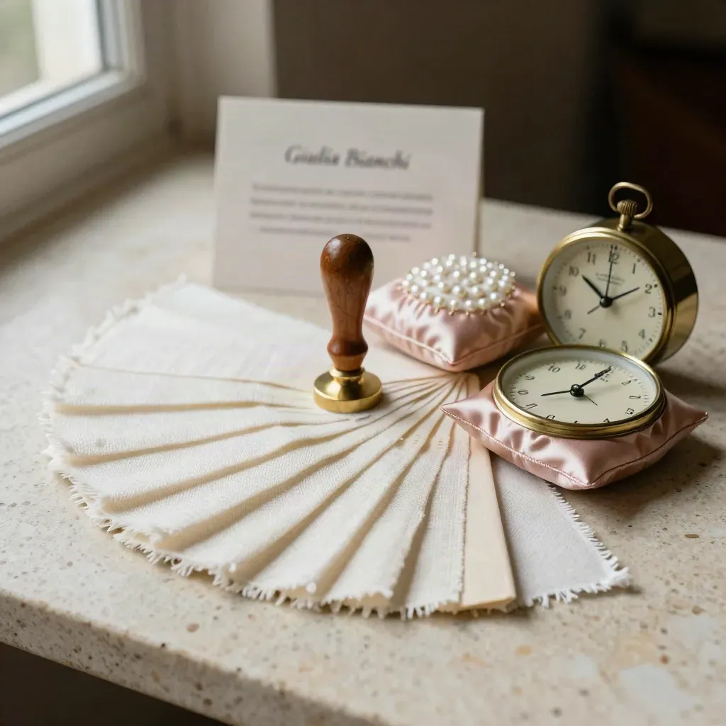 Kit da wedding planner con campioni di lino, sigillo in ottone, puntaspilli perlato e orologio da tavolo.