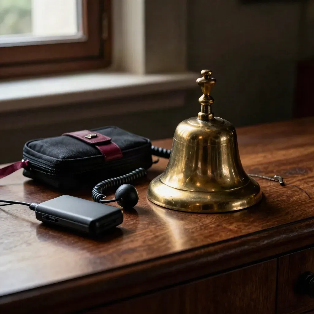 Campanello in ottone, auricolare e pochette nera su legno scuro in luce drammatica.