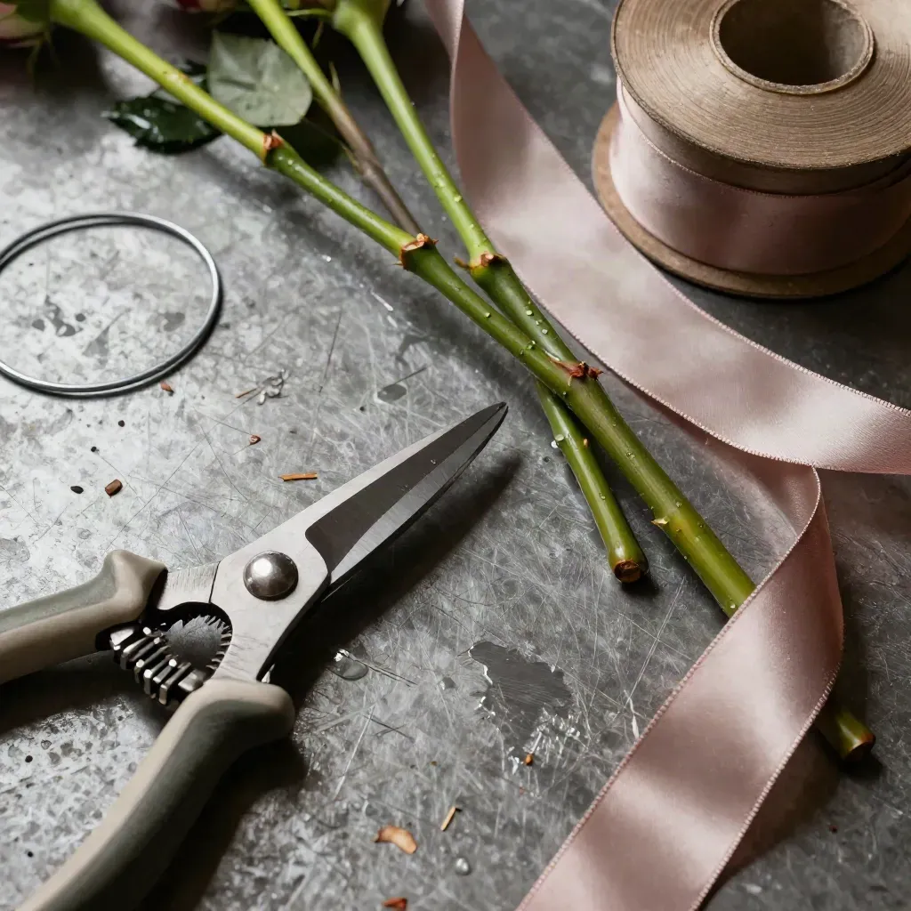 Forbici da fiorista, filo di ferro e rose tagliate su banco, con nastro rosa cipria.