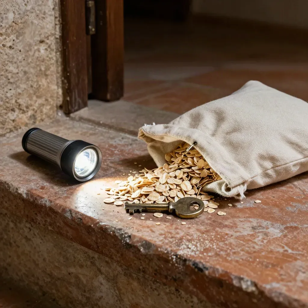 Campioni di pietra e legno, torcia, chiave villa e bustina di lino su pietra polverosa.