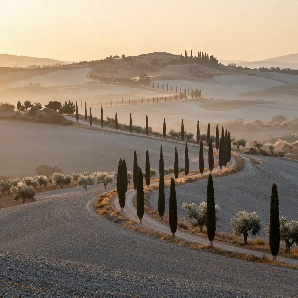 Val d'Orcia all’alba con cipressi, colline morbide e borgo lontano nella foschia.