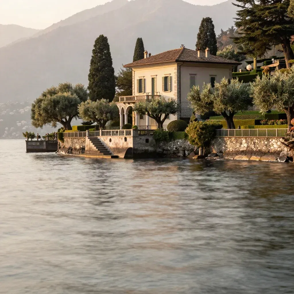 Villa in pietra sul Lago di Como con giardini terrazzati e acqua calma all’alba