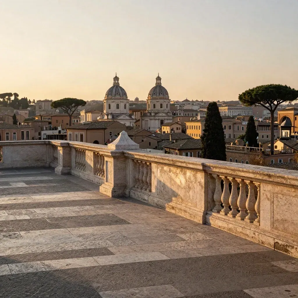 Veduta di Roma al tramonto con cupole, pini e terrazza in travertino.