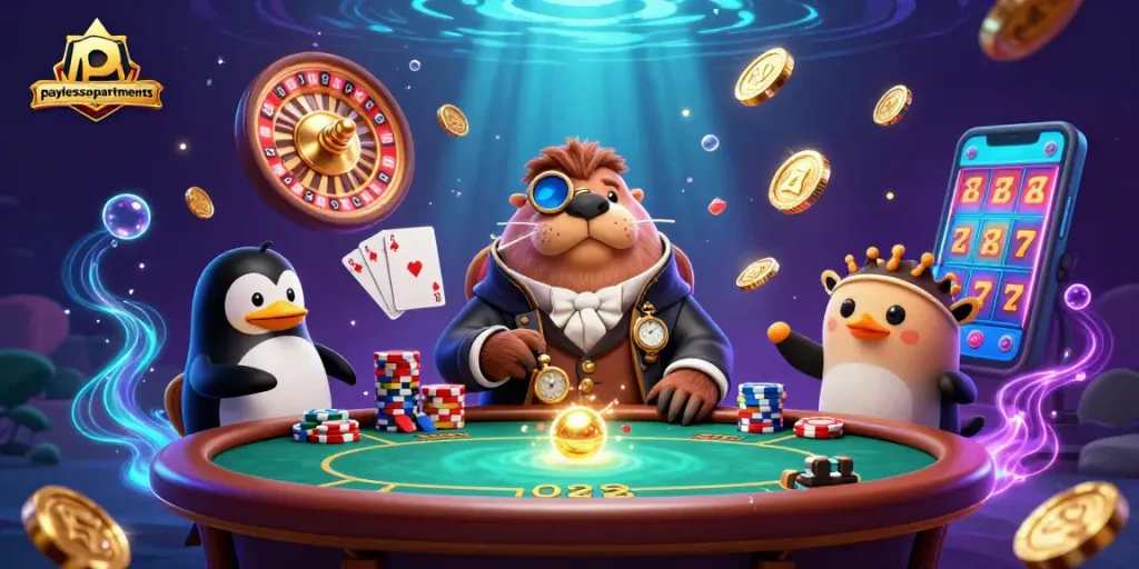 Experience excitement at paylessapartments with a bluffing pufferfish in an underwater casino scene.